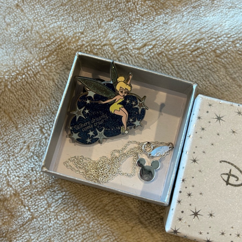 Disney Tinker Bell Pin and Silver Mickey Mouse Necklace Set